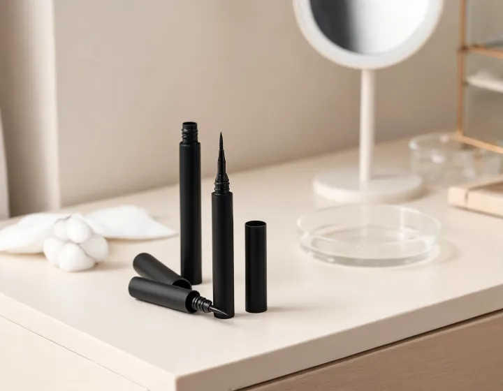 winged eyeliner on a cosmetics bench, illustration only