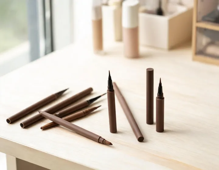 brown eyeliner on a cosmetics bench, illustration only